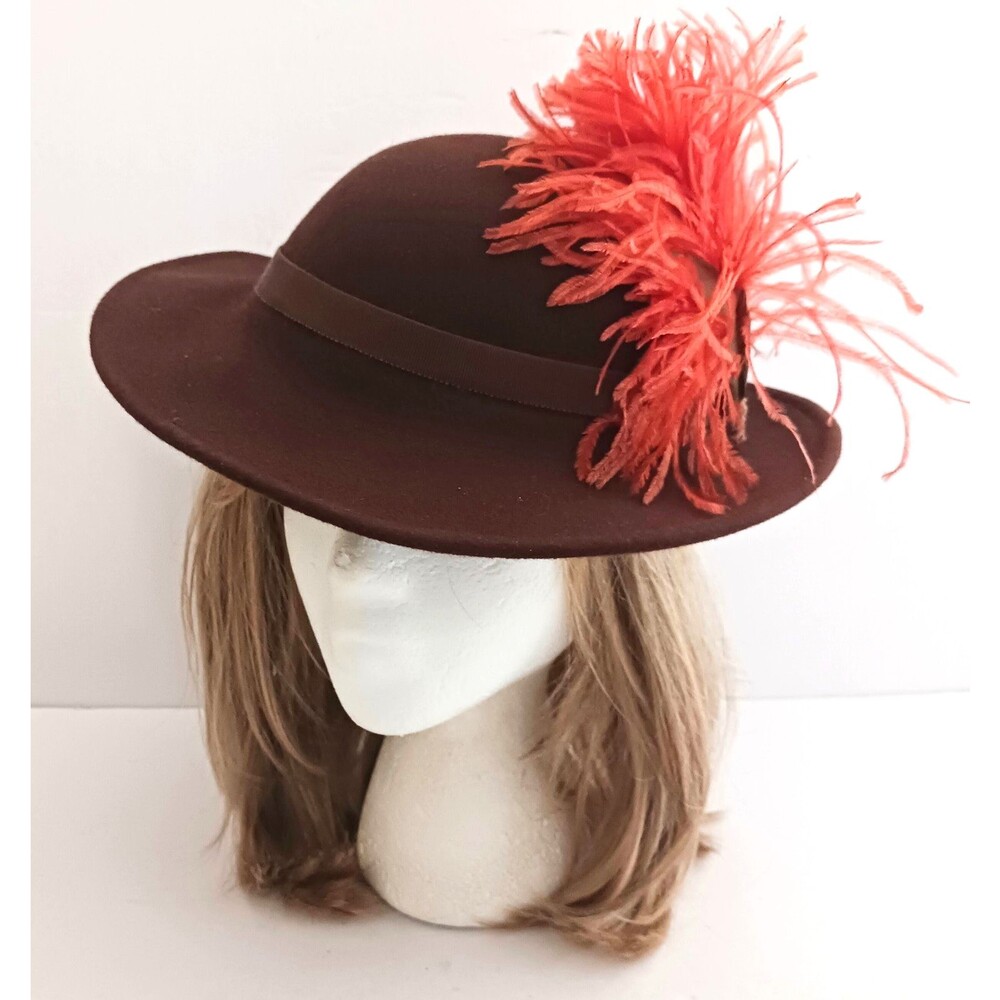 VTG Miss Rose Brown Felt Wool Hat Orange Feather Plume Trim O/S